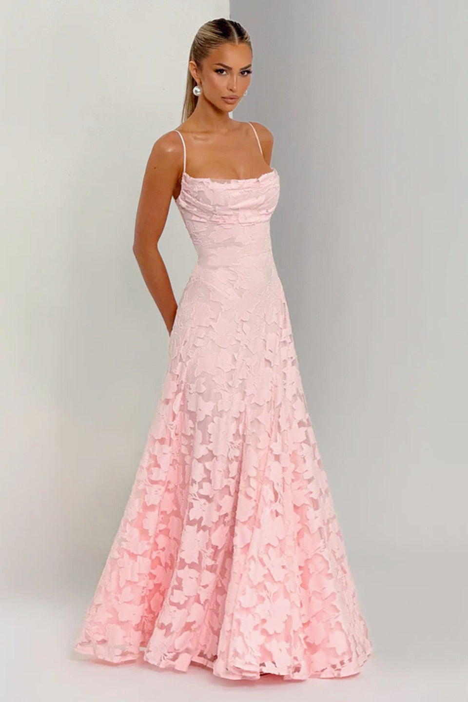 3D Floral Lace Applique Square Neck Spaghetti Strap A-Line Maxi Gown 8