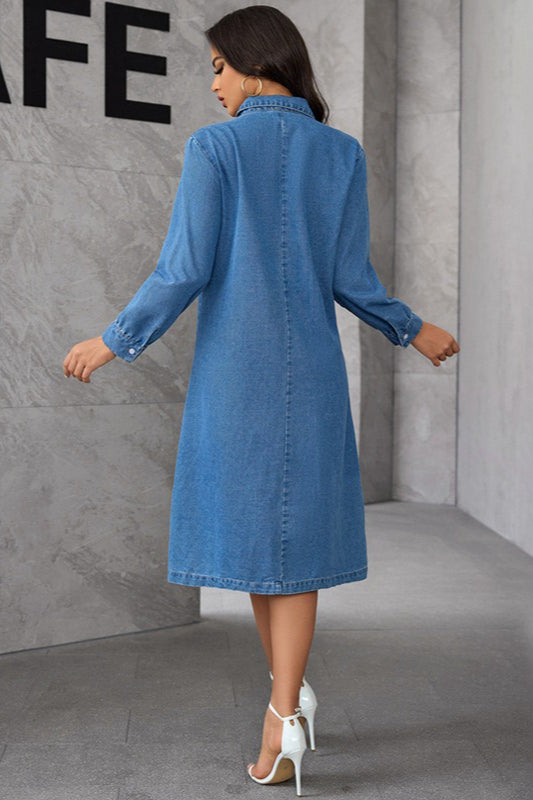 Denim Shirt Collar Long Sleeve Button Front Relaxed Midi Dress 4