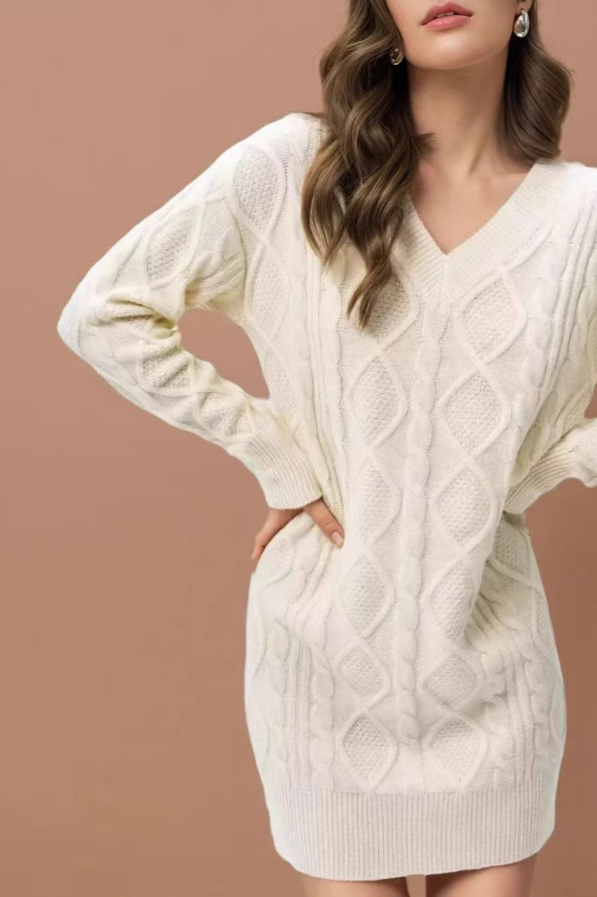 Cable Knit Diamond Pattern V-Neck Long Sleeve Sweater Mini Dress 7
