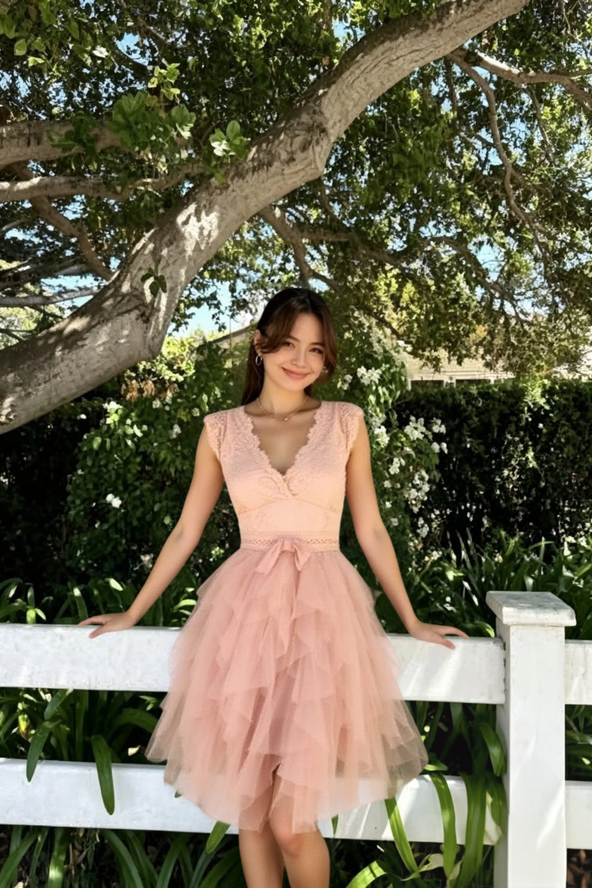 Lace Scalloped Cap Sleeve Bow Waist Tiered Tulle Handkerchief Hem Mini Dress 3