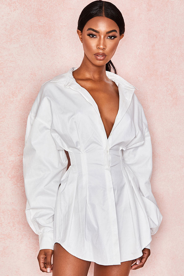 Balloon Sleeve Plunging Collar Corset Waist Button Front Mini Shirt Dress 2