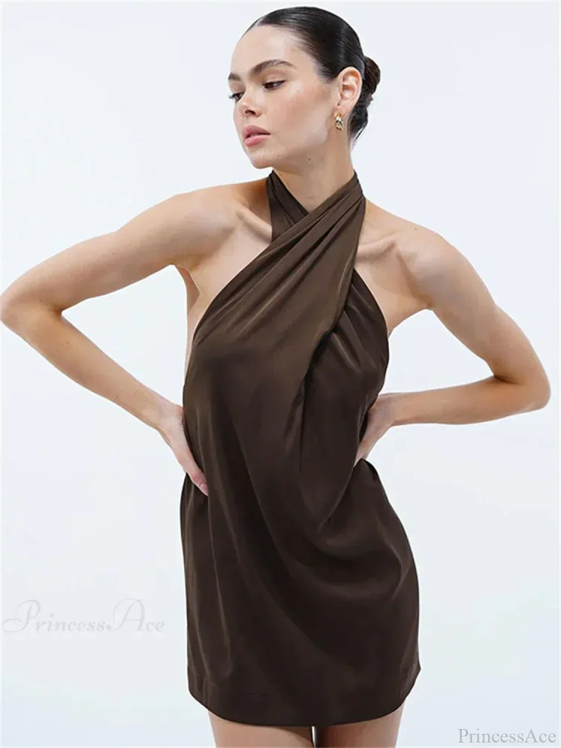 Halter Draped Cross Neck Open Back Satin Shift Mini Dress 5