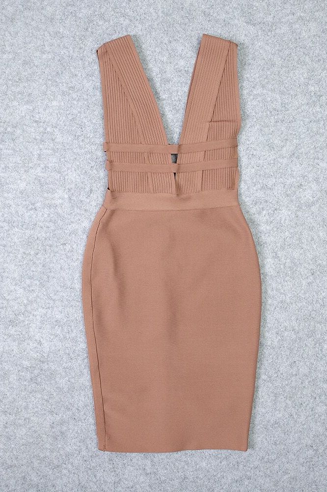 Nude Bandage Deep V-Neck Ribbed Bodice Cut Out Midi Dress 9