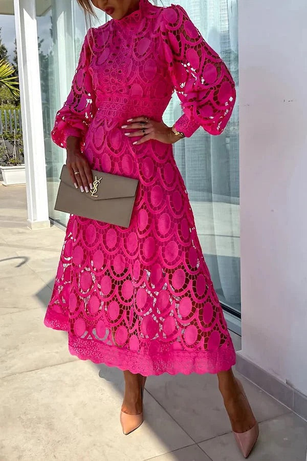 Guipure Lace Mock Neck Lantern Sleeve Scalloped Hem Hollow Out Midi Dress 6