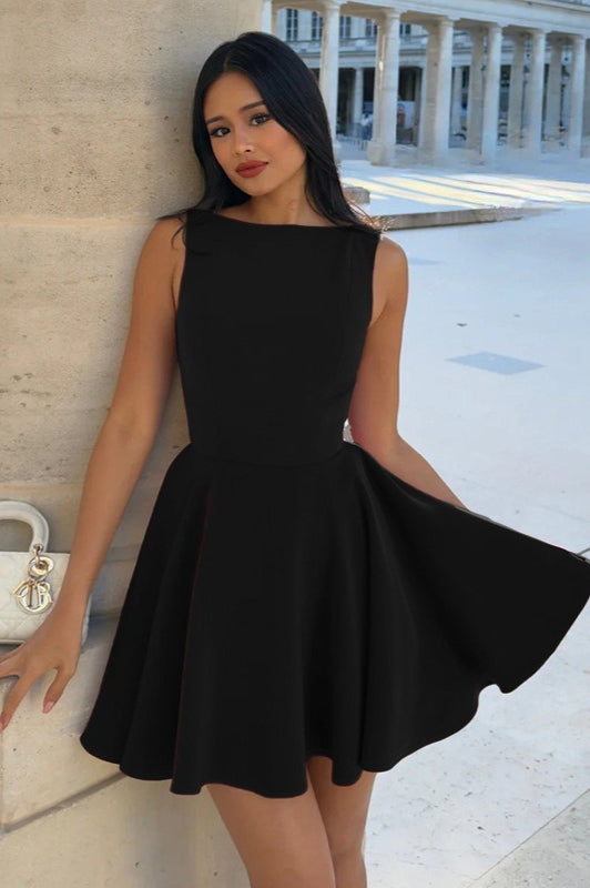 Boat Neck Sleeveless Pleated Fit and Flare Skater Mini Mini Dress 8