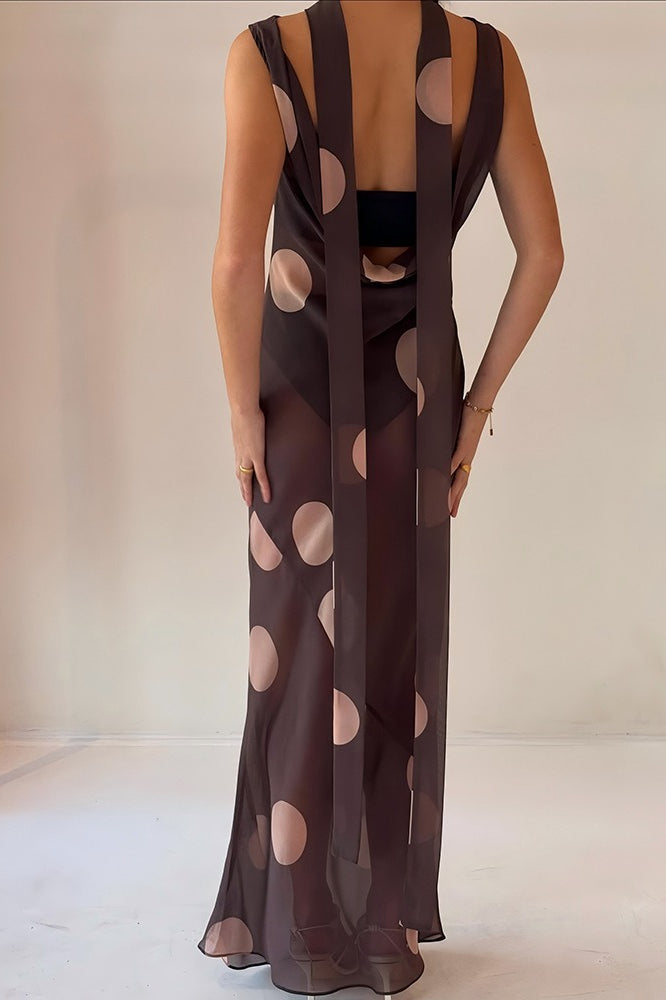 Sheer Mesh Polka Dot Scarf Collar Boat Neck Maxi Dress 4