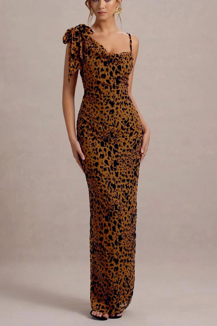 Print One Shoulder Bow Strap Bodycon Maxi Dress 2