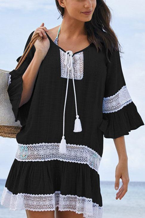 Black Crochet Hollow Out Flare Sleeve Ruffle Beach Cover Up Tunic