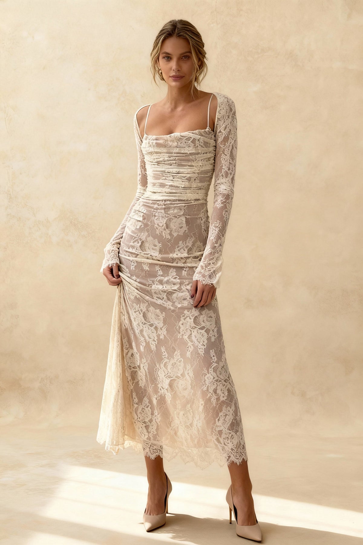 Floral Lace Square Neck Spaghetti Strap Ruched Long Sleeve Bolero Maxi Dress 2