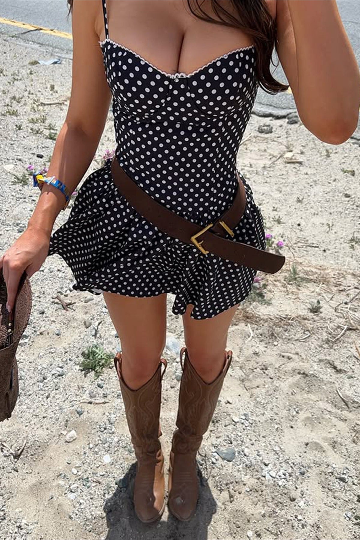 Polka Dot Sweetheart Scalloped Neck Spaghetti Strap Pleated Skater Mini Dress 4
