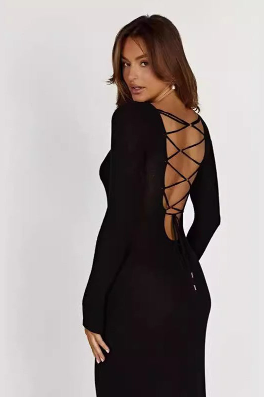 Ribbed Knit Long Sleeve Lace Up Open Back Bodycon Maxi Dress 4