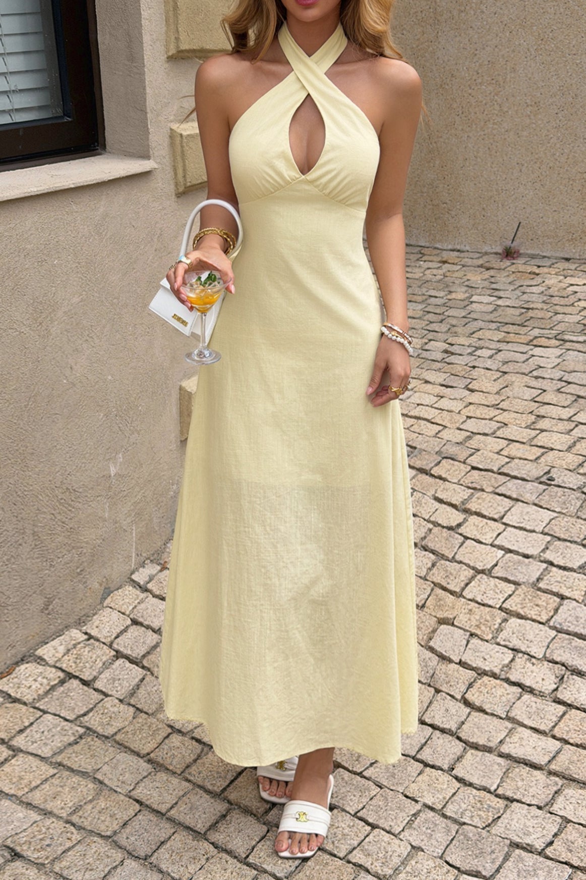 Beige Crisscross Halter Keyhole Ruched Waist A Line Midi Dress 2