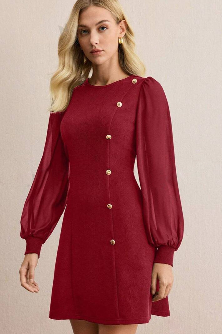 Crew Neck Sheer Puff Sleeve Asymmetric Button Detail A Line Mini Dress 4