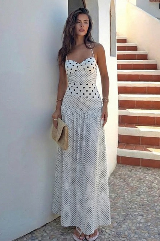 Sweetheart Halter Knot Bodice Mixed Scale Polka Dot Maxi Dress 8