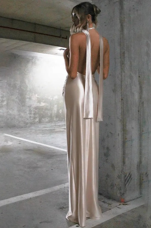 Halter Choker Cowl Plunge Ruched Waist Back Sash Thigh Slit Satin Maxi Dress 2