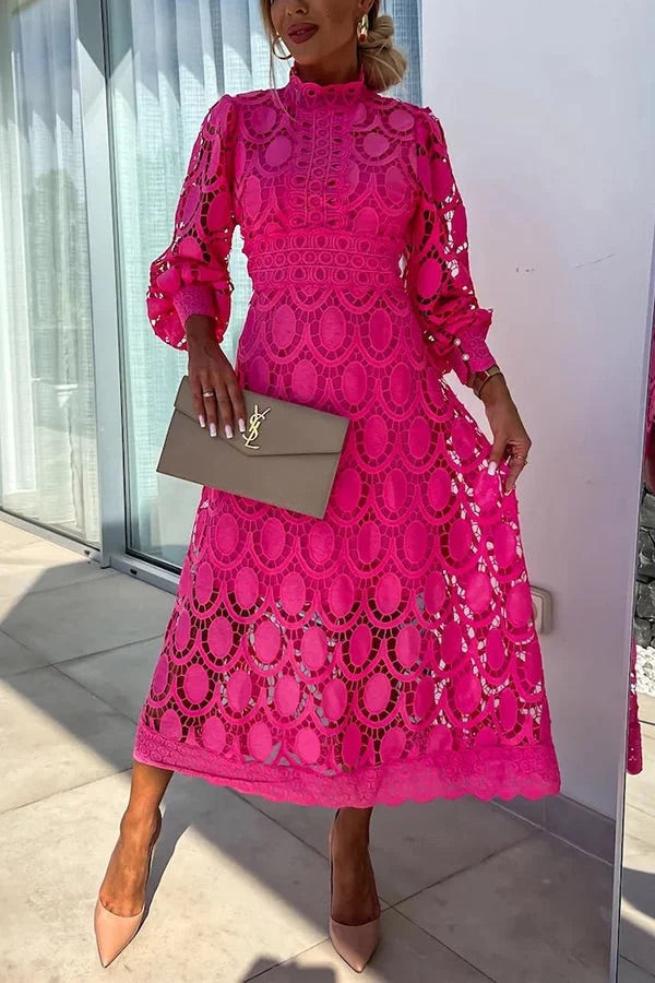 Guipure Lace Mock Neck Lantern Sleeve Scalloped Hem Hollow Out Midi Dress 3