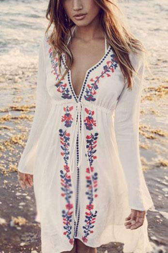 White Embroidered Long Sleeve Beachwear Cover Up Boho Dress