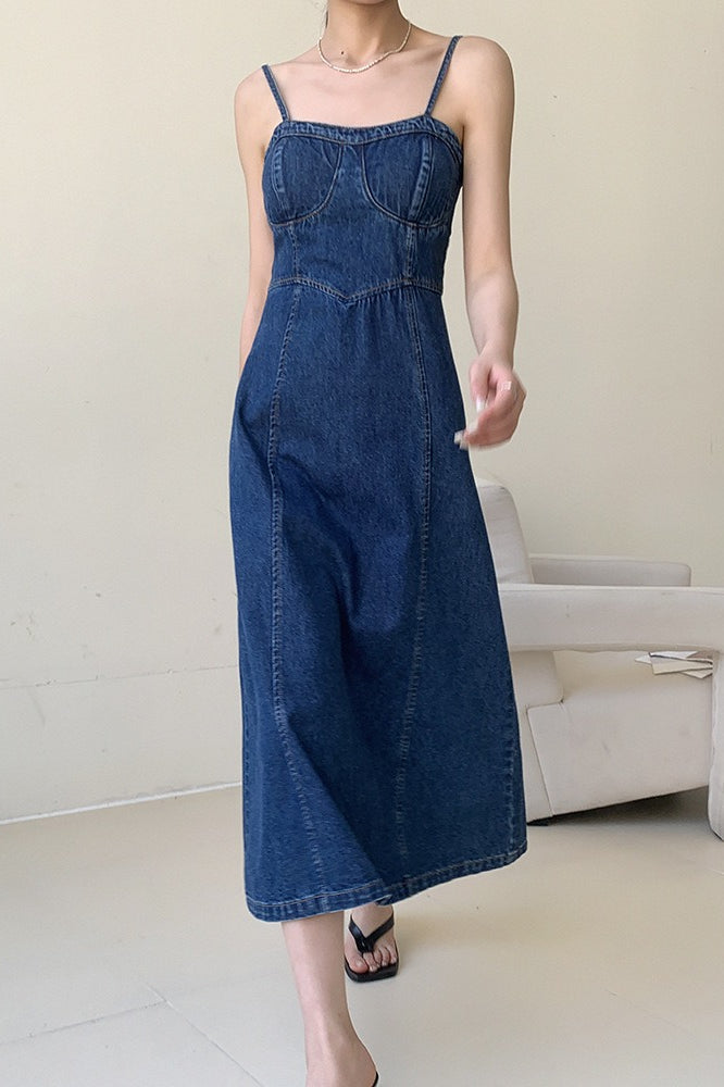 Denim Bustier Spaghetti Strap Panel Seam A-Line Midi Dress 7