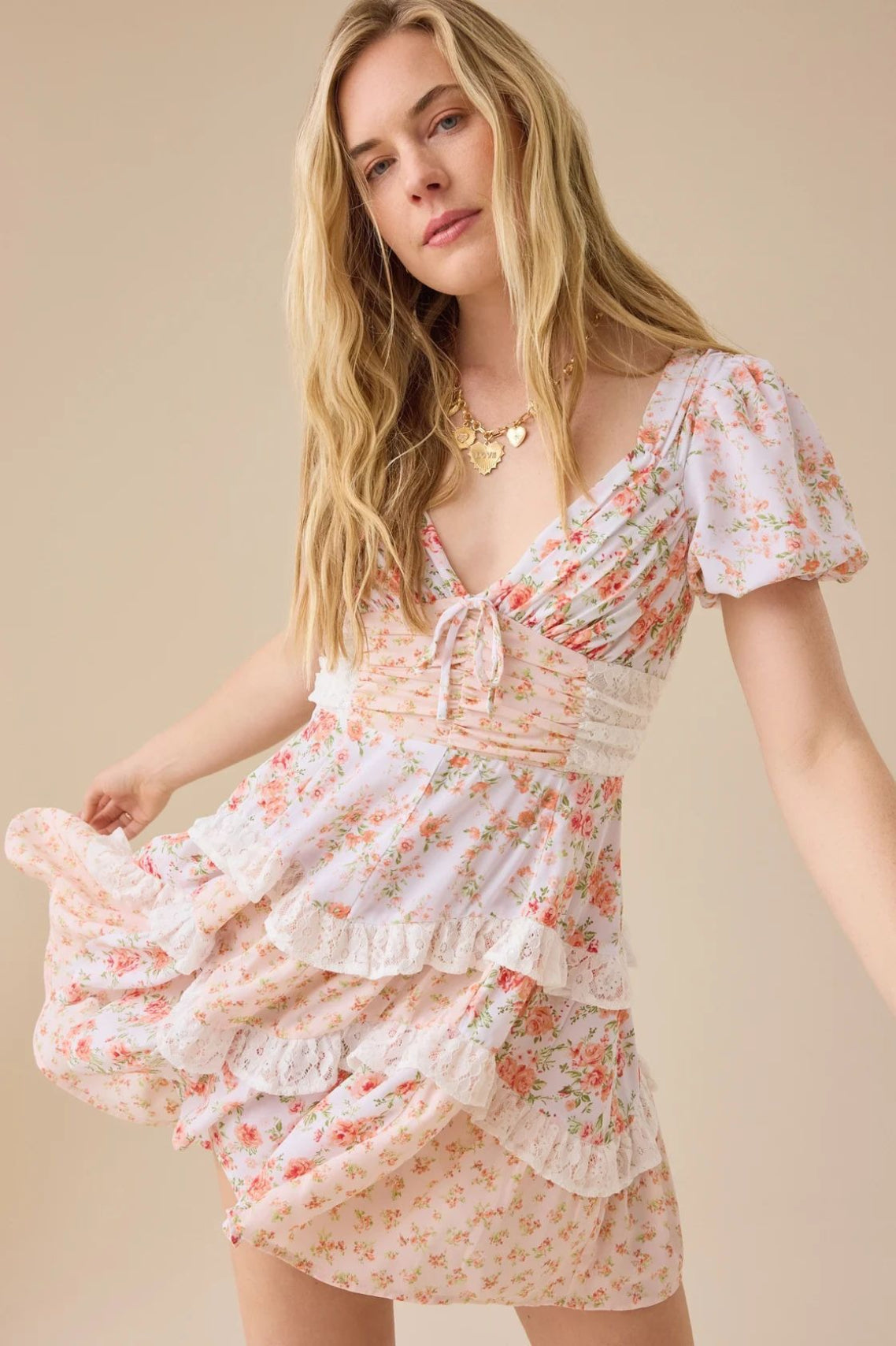 Floral Print Puff Sleeve Lace Smocked Waist Tiered Ruffle Mini Dress 19