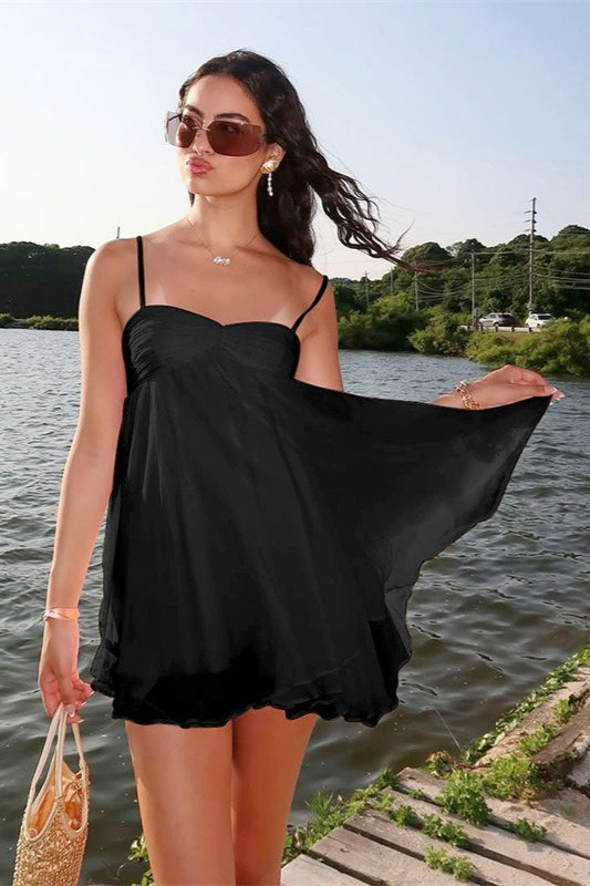 Chiffon Gathered Sweetheart Spaghetti Strap Lettuce Hem Babydoll Mini Dress 7