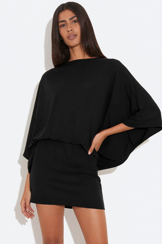 Deep Back Cowl Neck Draped Wing Sleeve Loose Mini Dress 8