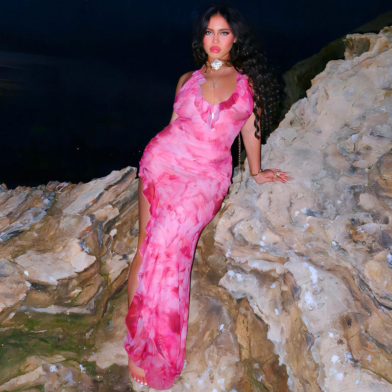 Floral Print Halter Ruffle Trim High Slit Mesh Maxi Dress 2