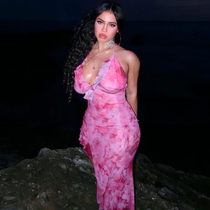 Floral Print Halter Ruffle Trim High Slit Mesh Maxi Dress 3