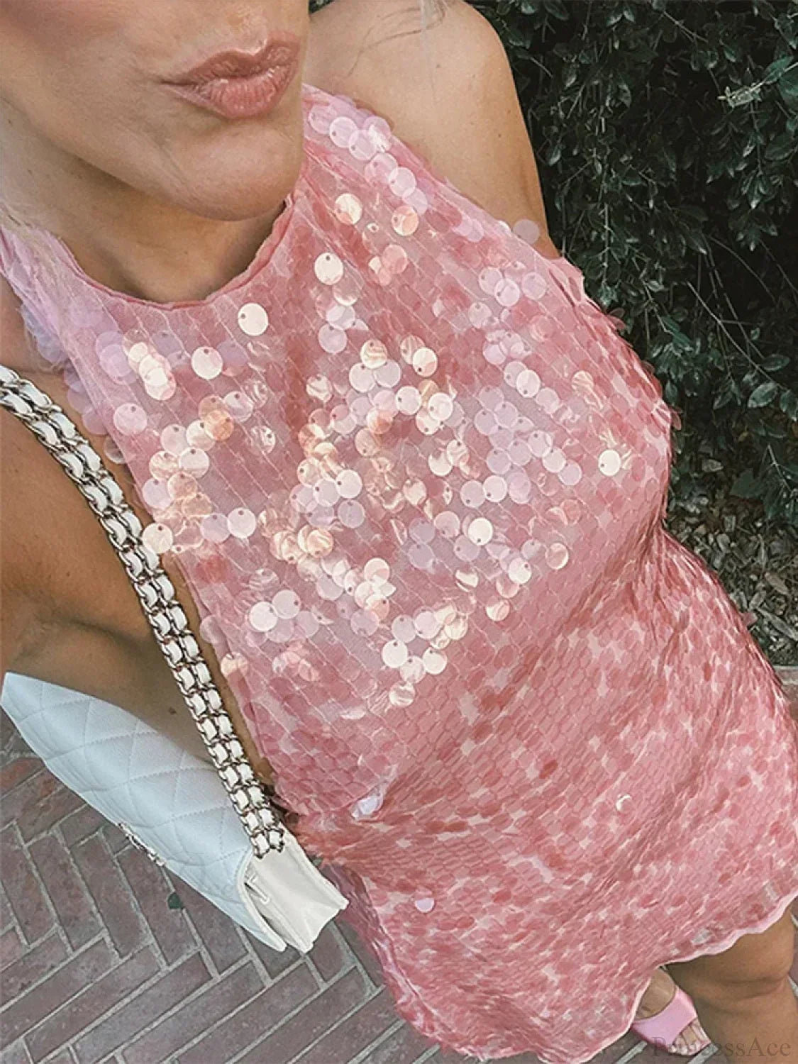 Disc Paillette High Neck Sleeveless Bodycon Mini Dress