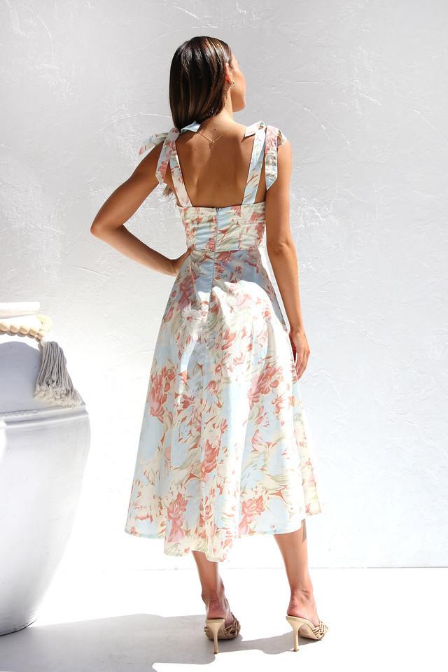 Watercolor Floral Print Bow Strap Sweetheart Fit and Flare Midi Dress 8
