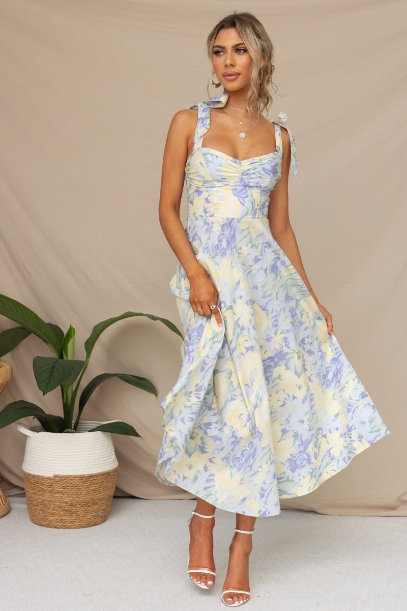 Watercolor Floral Print Bow Strap Sweetheart Fit and Flare Midi Dress 10