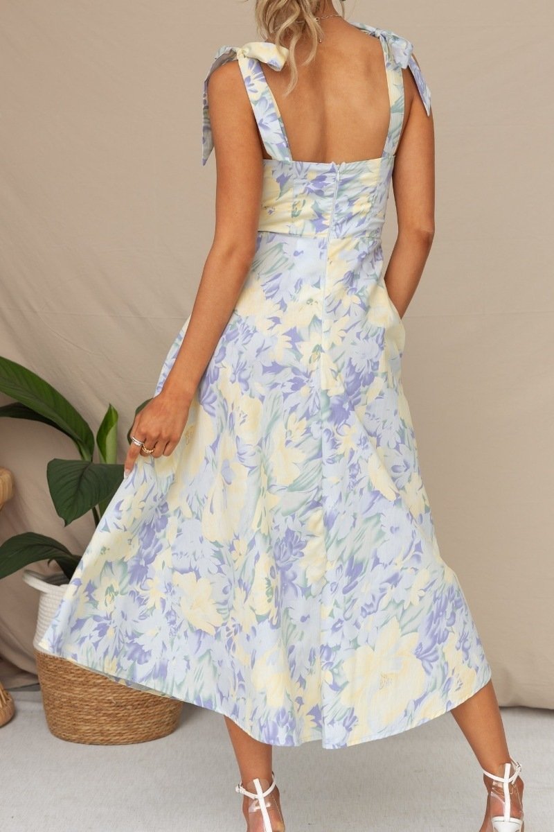 Watercolor Floral Print Bow Strap Sweetheart Fit and Flare Midi Dress 3