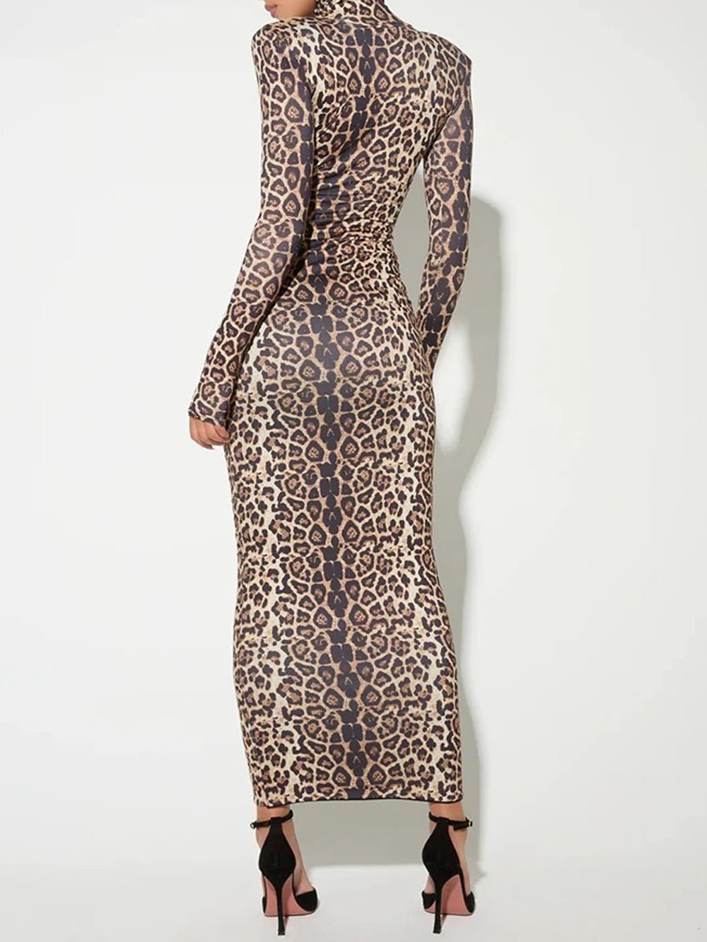 Print Mock Neck Structured Shoulder Long Sleeve Bodycon Maxi Dress 2