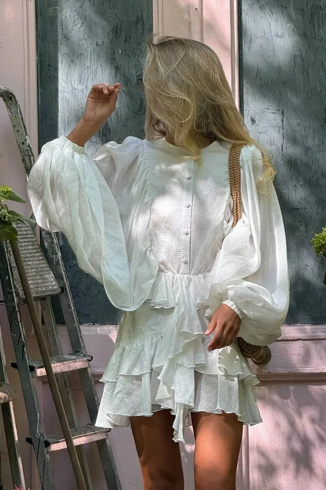 Button Front Round Neck Lantern Sleeve Tiered Ruffle Mini Dress 4