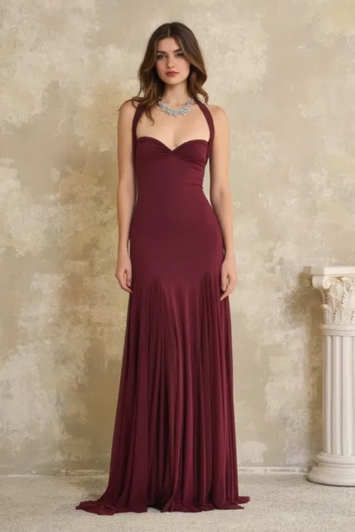 Halter Neck Sweetheart Ruched Bodice Pleated Skirt Floor Length Gown 2