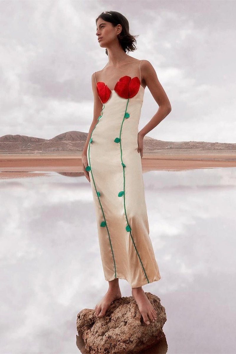 Satin Spaghetti Strap 3D Floral Appliqué Stem Detail Slip Maxi Dress 7