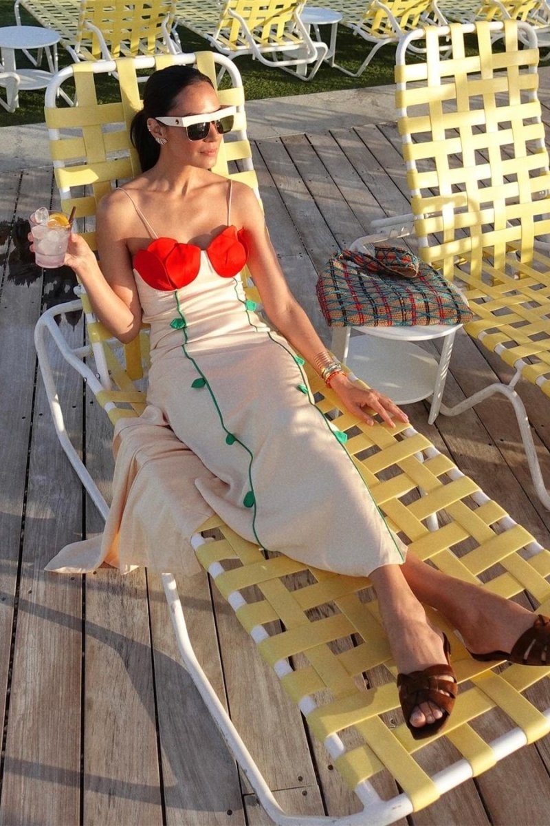 Satin Spaghetti Strap 3D Floral Appliqué Stem Detail Slip Maxi Dress 3