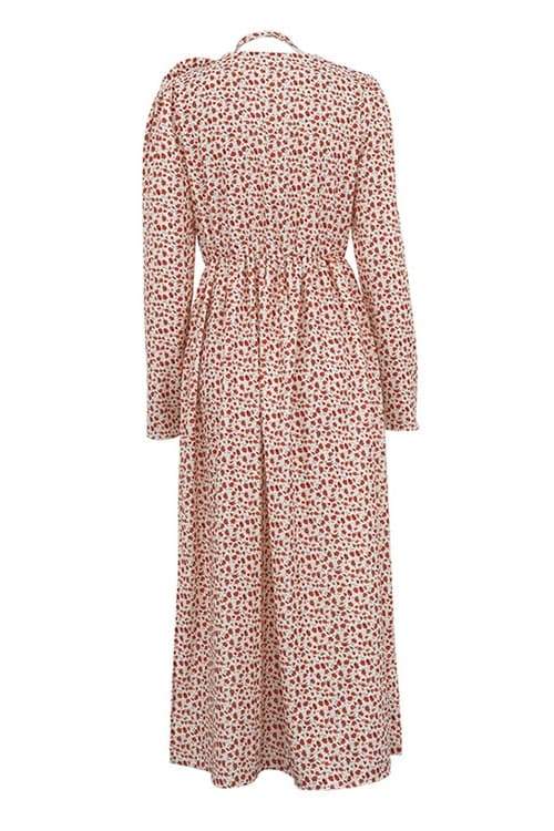 Ditsy Floral Print Deep V-Neck Rosette Shoulder Neck Tie High Slit Maxi Dress 3