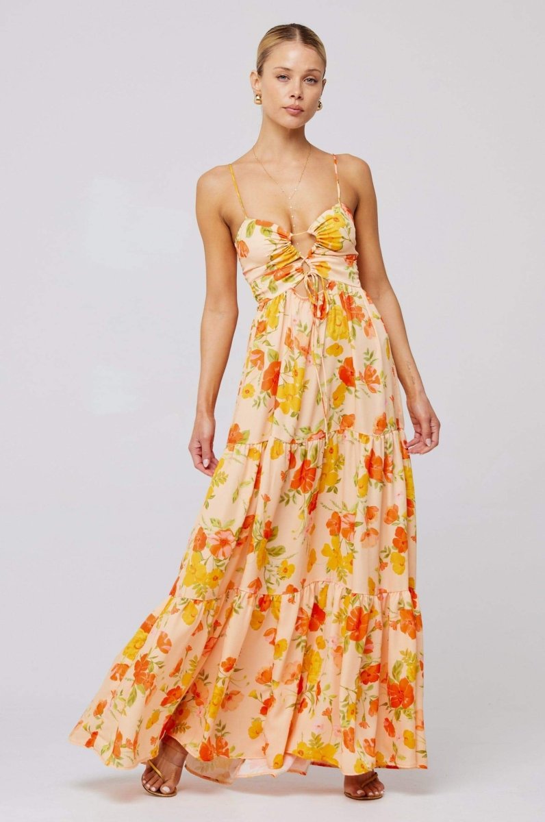 Floral Print Lace Up Keyhole Cut Out Waist Tiered Ruffle Maxi Dress 11