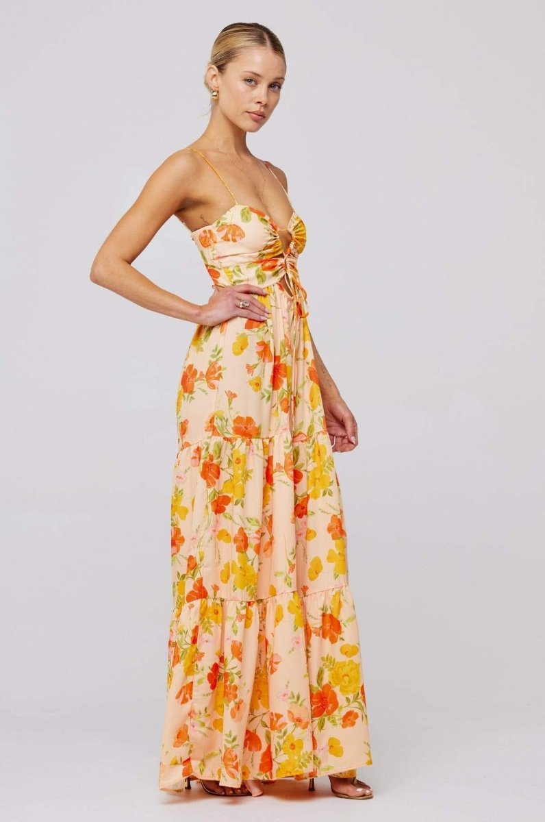 Floral Print Lace Up Keyhole Cut Out Waist Tiered Ruffle Maxi Dress 8