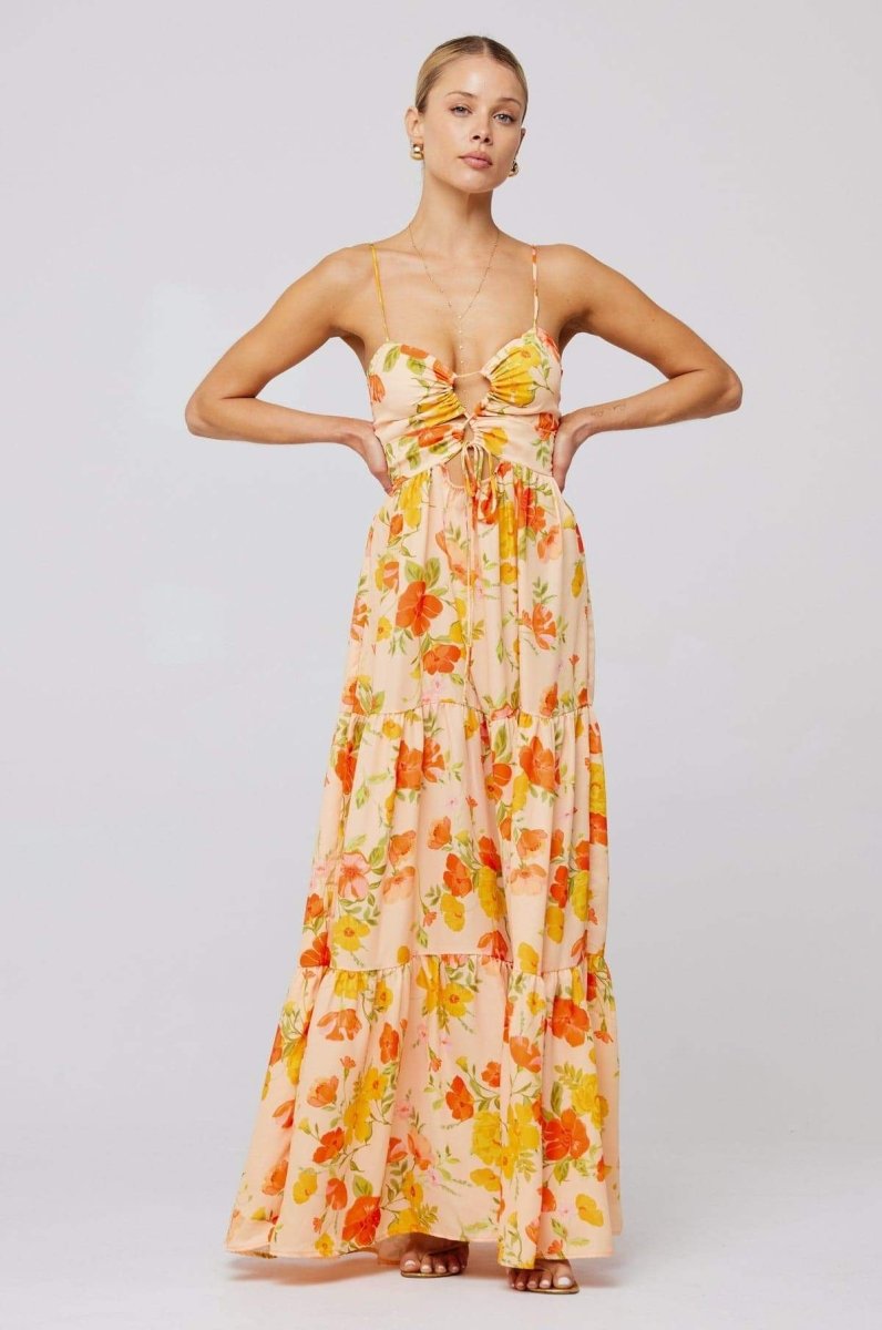 Floral Print Lace Up Keyhole Cut Out Waist Tiered Ruffle Maxi Dress 6