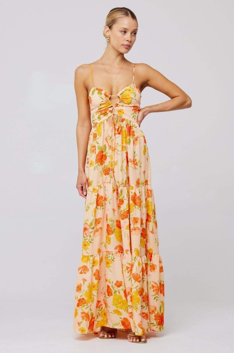 Floral Print Lace Up Keyhole Cut Out Waist Tiered Ruffle Maxi Dress 7