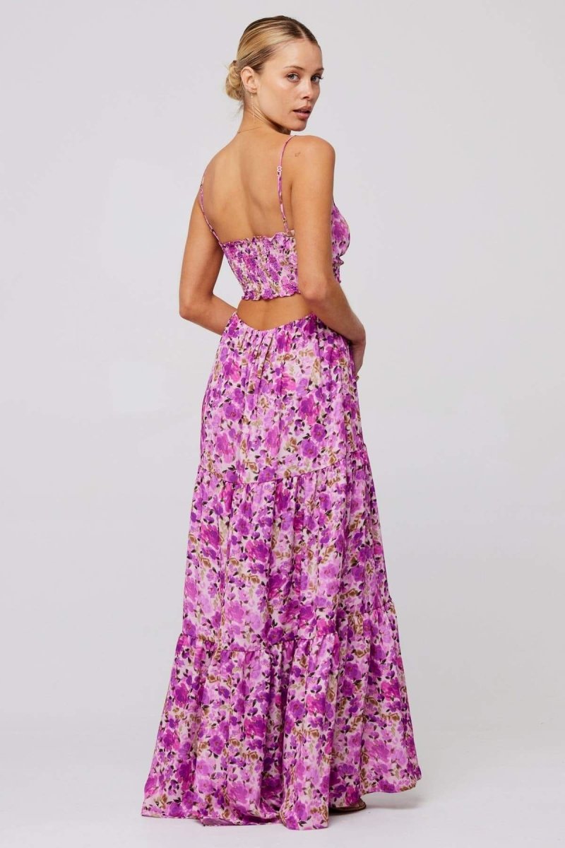 Floral Print Lace Up Keyhole Cut Out Waist Tiered Ruffle Maxi Dress 4