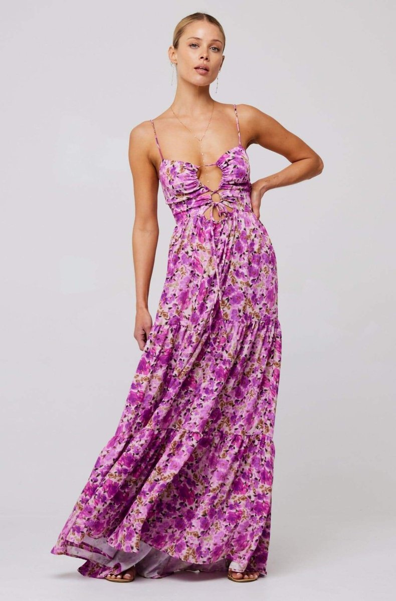 Floral Print Lace Up Keyhole Cut Out Waist Tiered Ruffle Maxi Dress 10