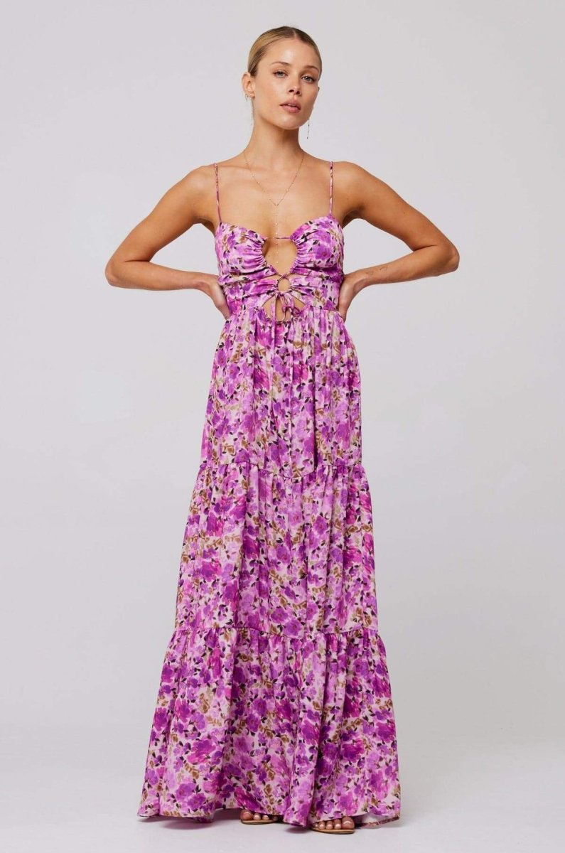 Floral Print Lace Up Keyhole Cut Out Waist Tiered Ruffle Maxi Dress 2
