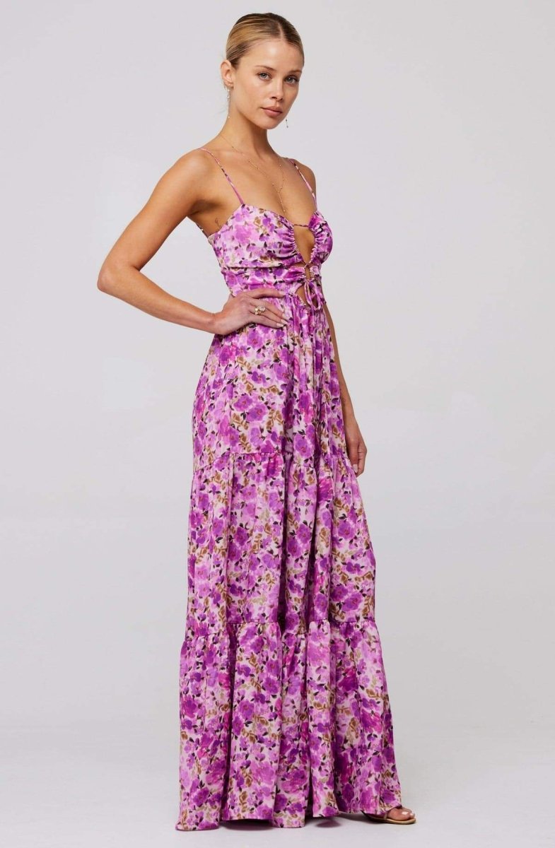 Floral Print Lace Up Keyhole Cut Out Waist Tiered Ruffle Maxi Dress 3
