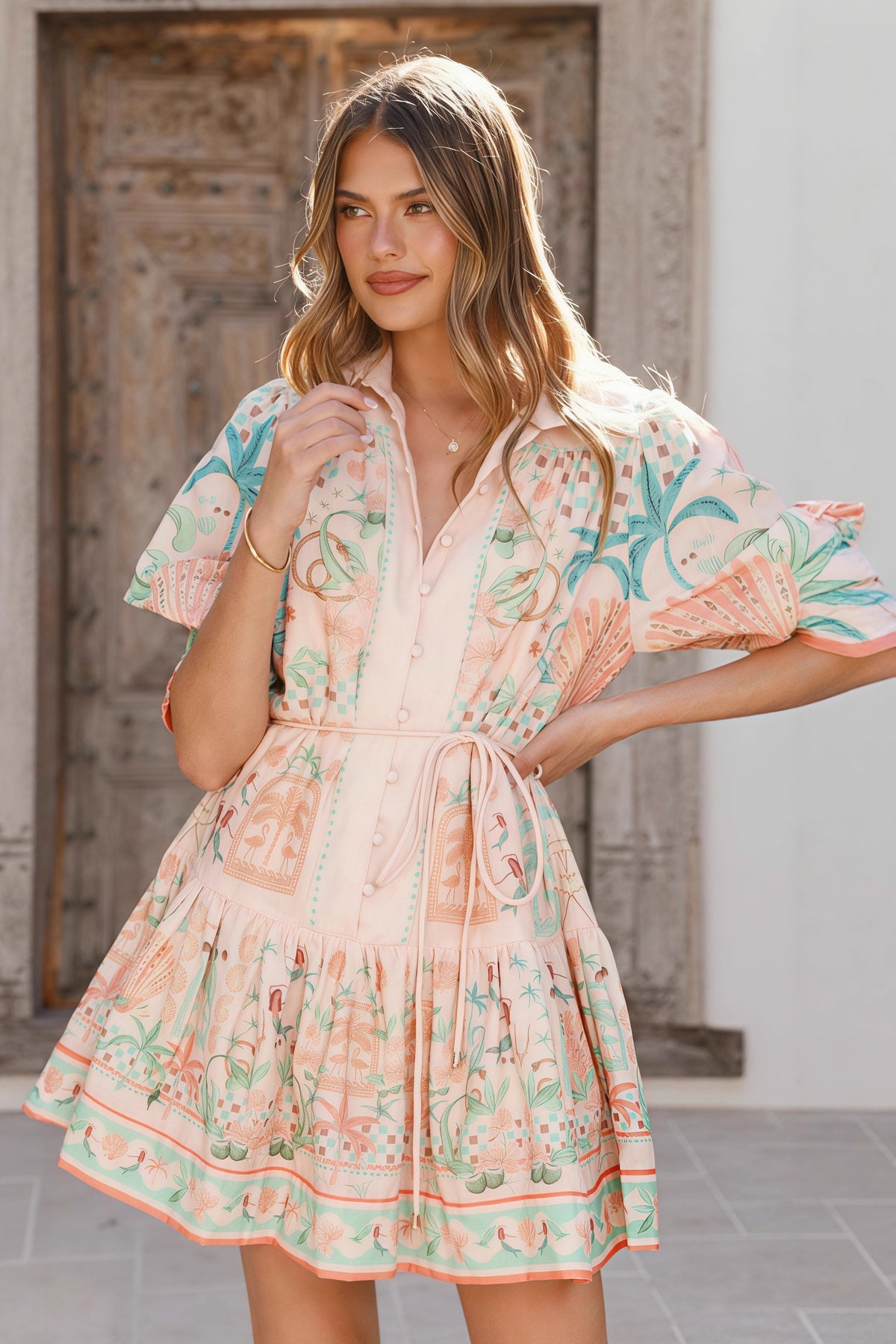 Tropical Print Button-Down Puff Sleeve Tie Waist Ruffle Mini Shirt Dress 2
