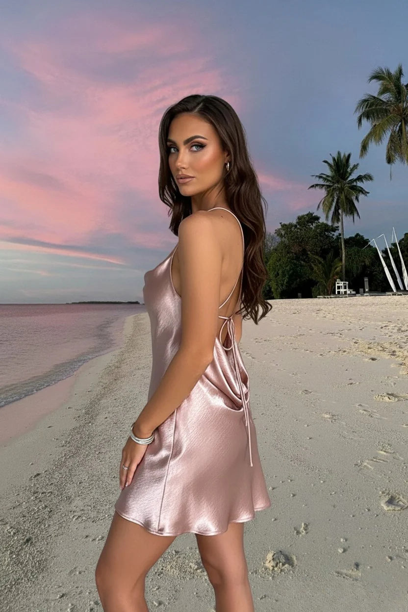 Satin Cowl Neck Spaghetti Strap Slip Mini Dress 9