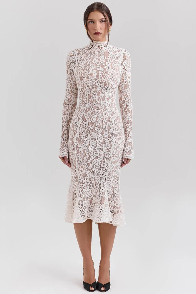 Floral Lace Mock Neck Bell Sleeve Mermaid Hem Midi Dress 3
