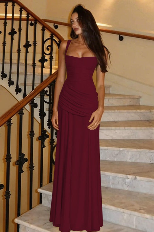 Scoop Neck Wide Strap Ruched Draped Waist Maxi Dress 8