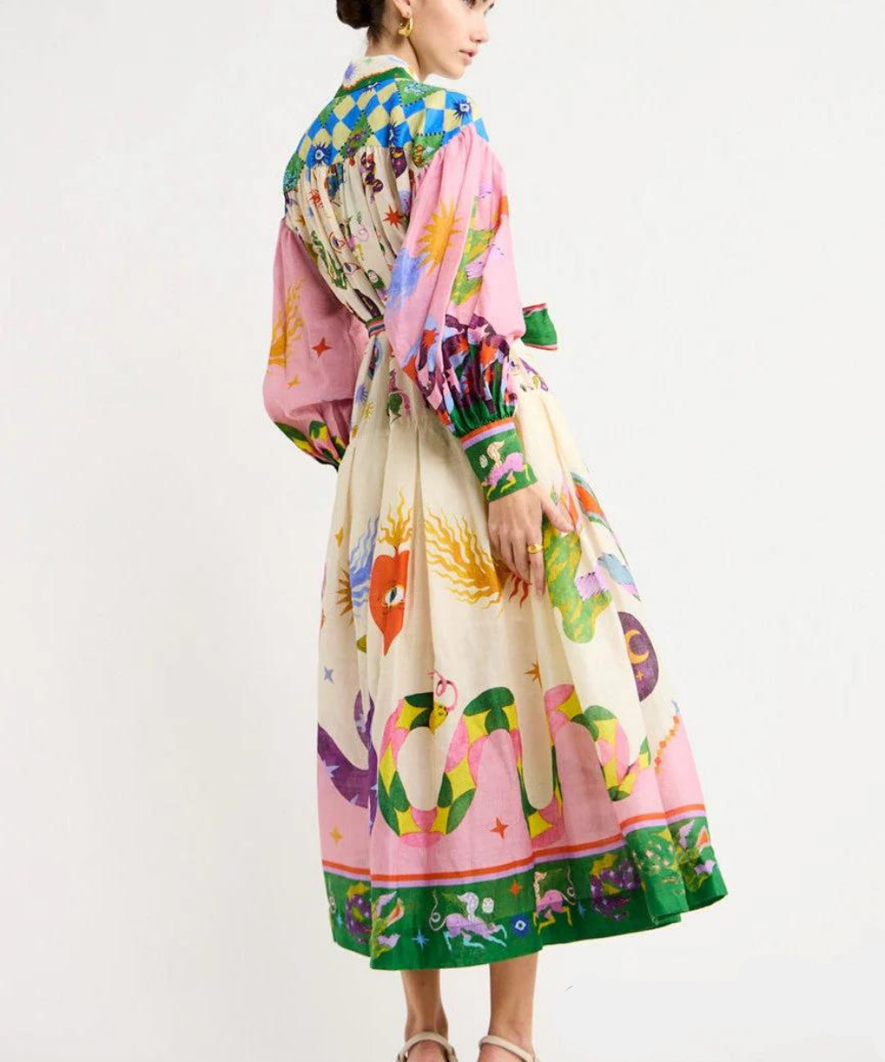 Whimsical Print Puff Sleeve Sash Bow Button Front Maxi Shirt Dress 6